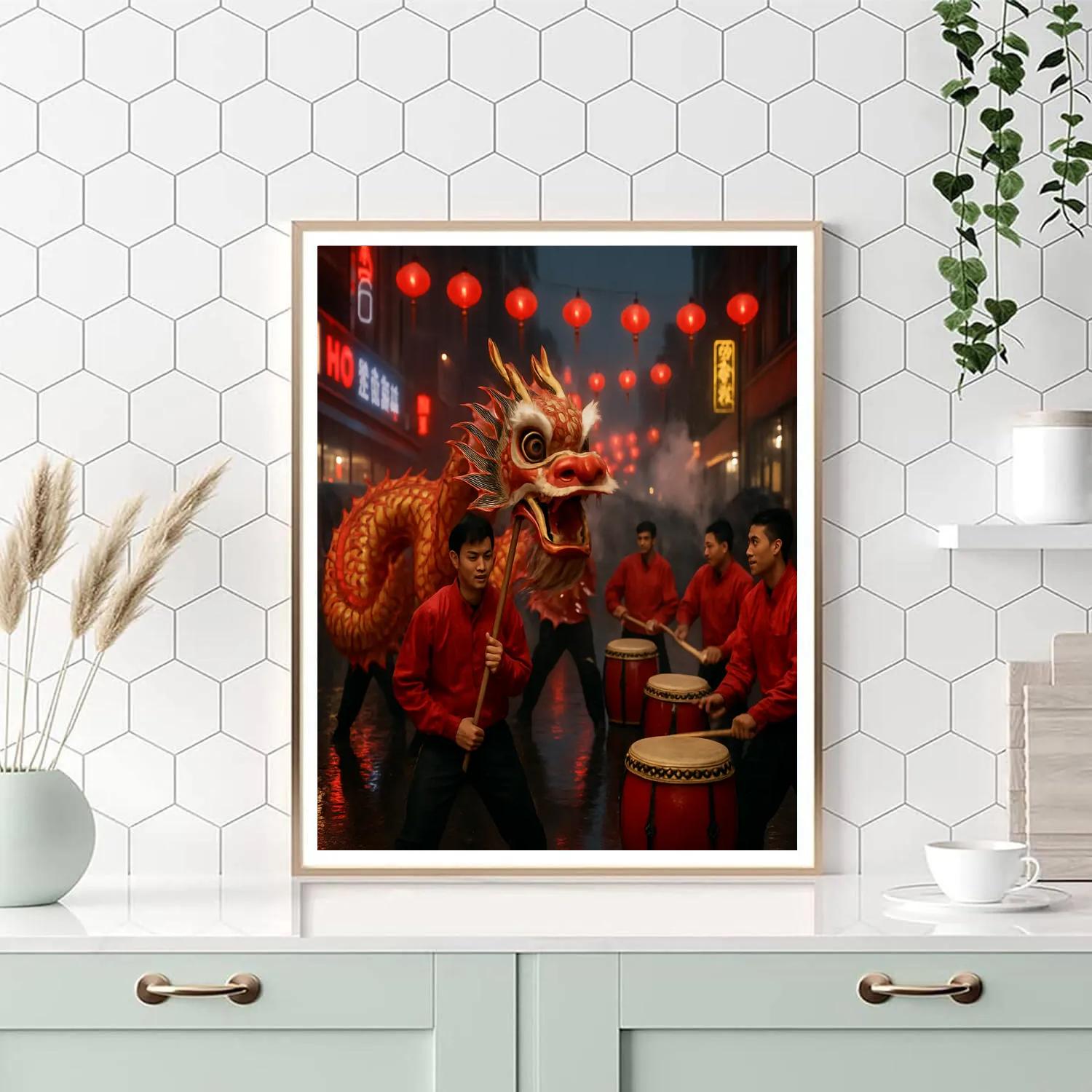 Lunar New Year Dragon Dance Chinatown Rainy Night Number painting