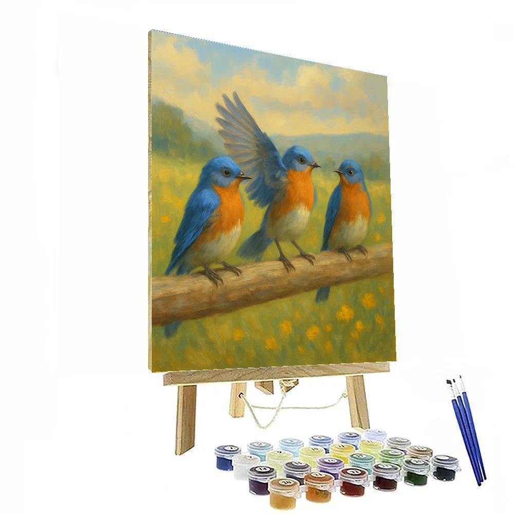 Bluebirds On The Sun Warmed Fence Rail paint by number