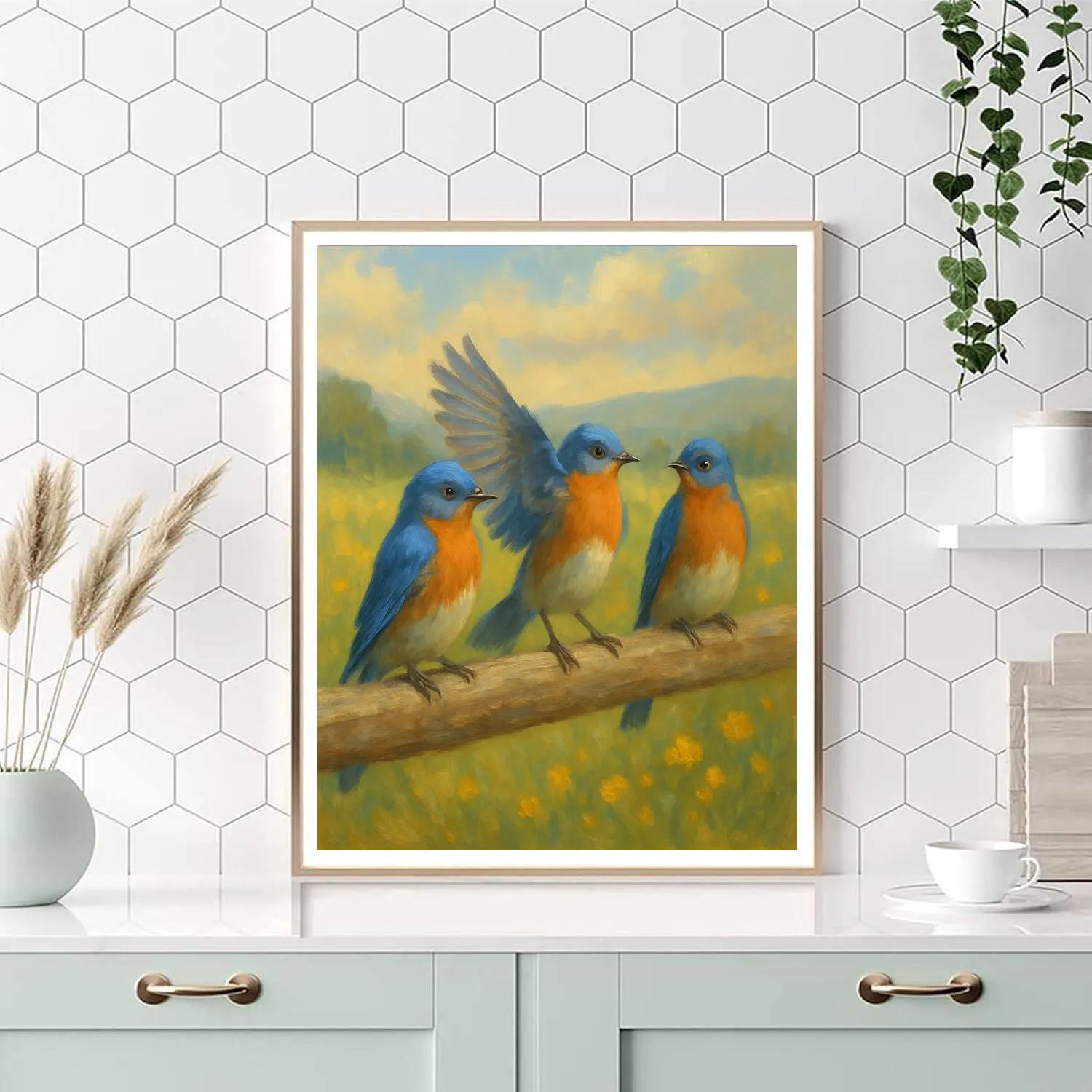 Bluebirds On The Sun Warmed Fence Rail paint by number