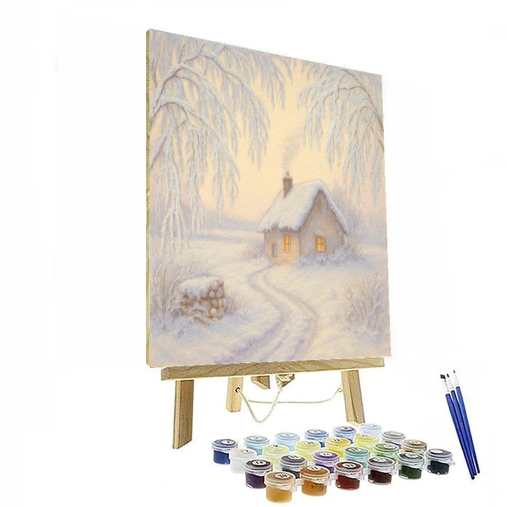 Cottage Hearthlight Through Snowy Willow Lace Number painting