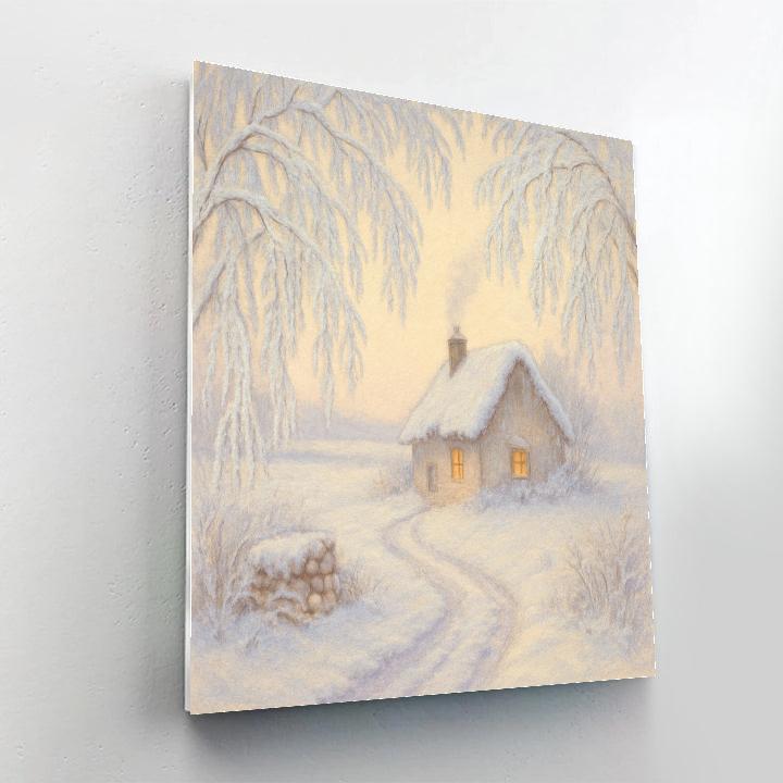 Cottage Hearthlight Through Snowy Willow Lace Number painting