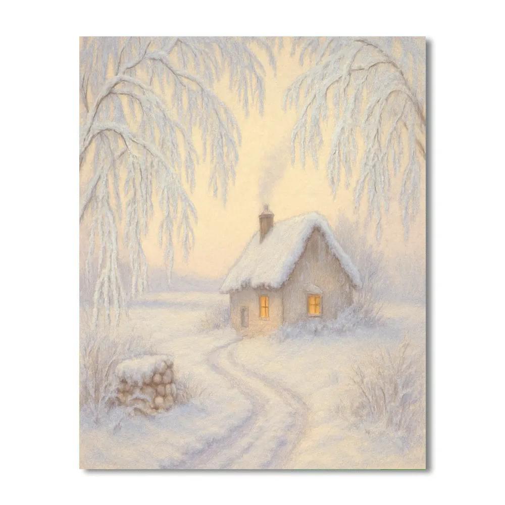 Cottage Hearthlight Through Snowy Willow Lace Number painting