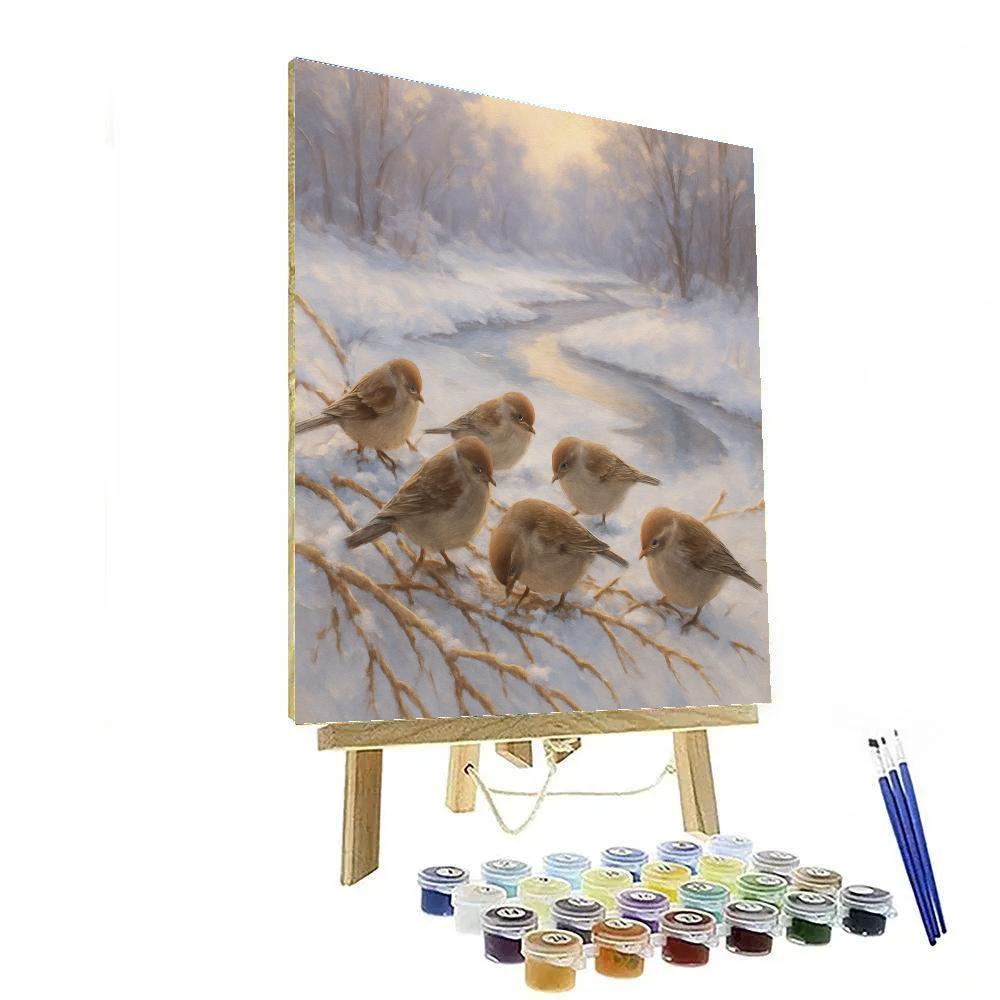 Snowy Finch Gathering By The Frozen Creek Bend Paint by numbers kits
