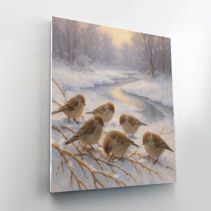 Snowy Finch Gathering By The Frozen Creek Bend Paint by numbers kits