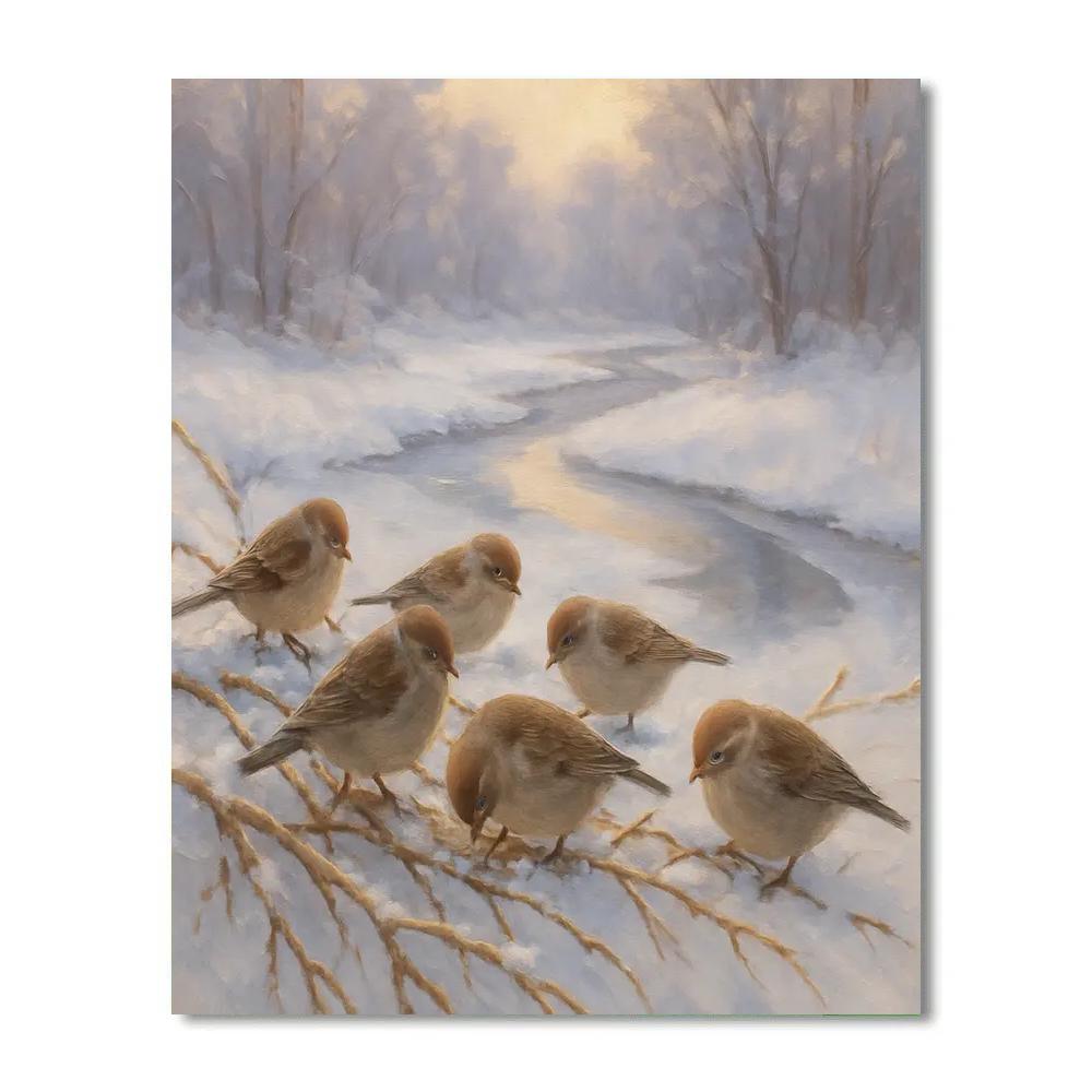 Snowy Finch Gathering By The Frozen Creek Bend Paint by numbers kits
