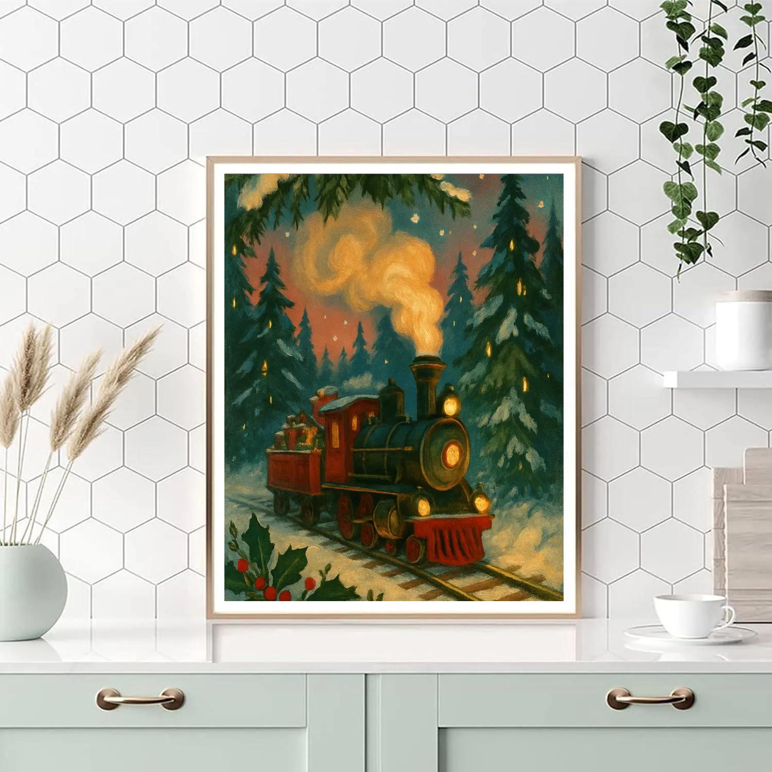 Santa Train Through Pines paint by number