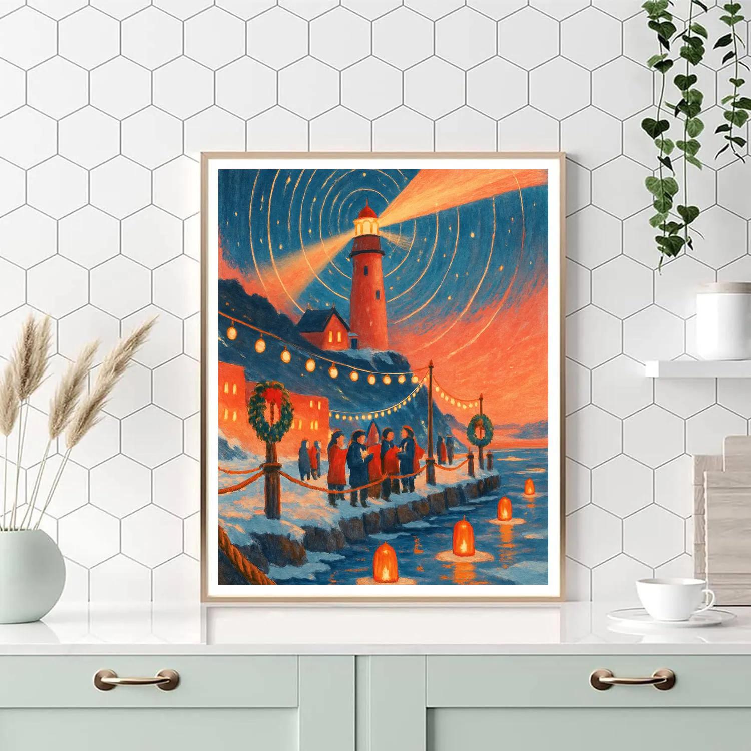 Winter Lantern Lighthouse Festival painting number kit