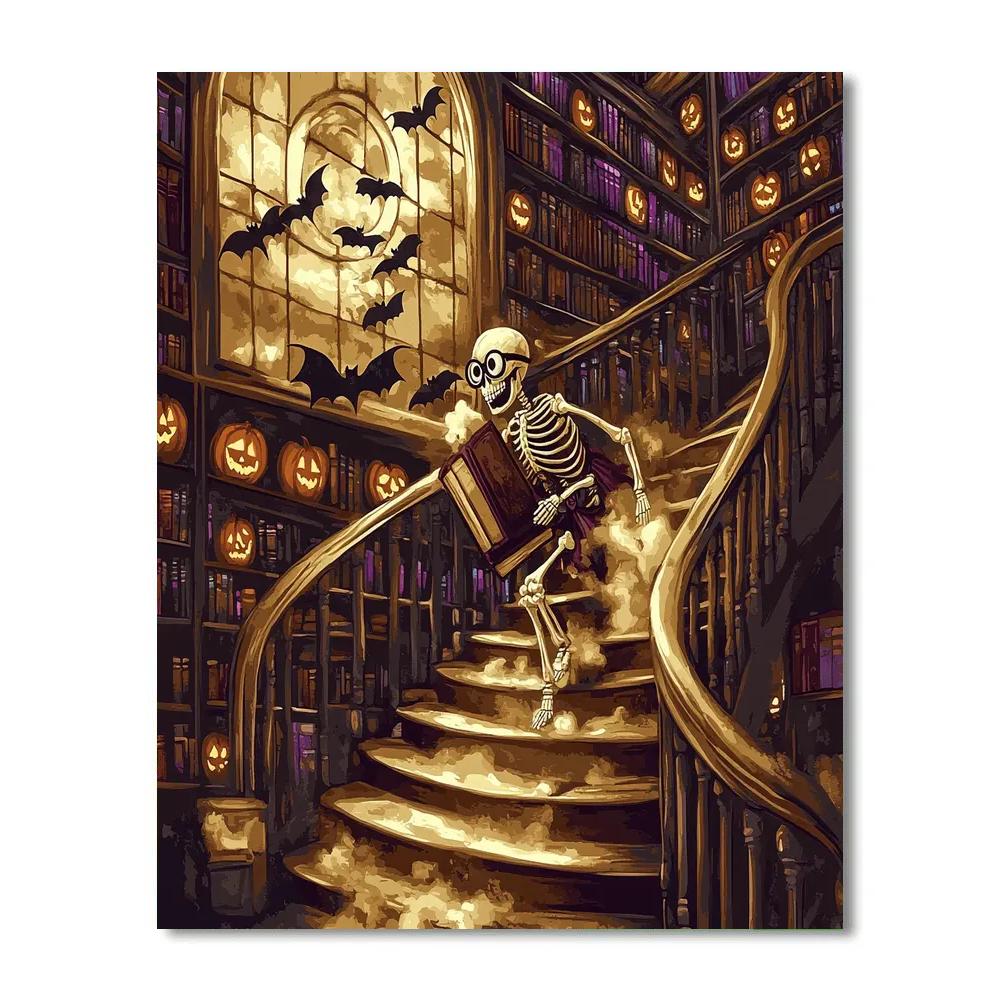 Library Staircase With Halloween Shadows painting number kit