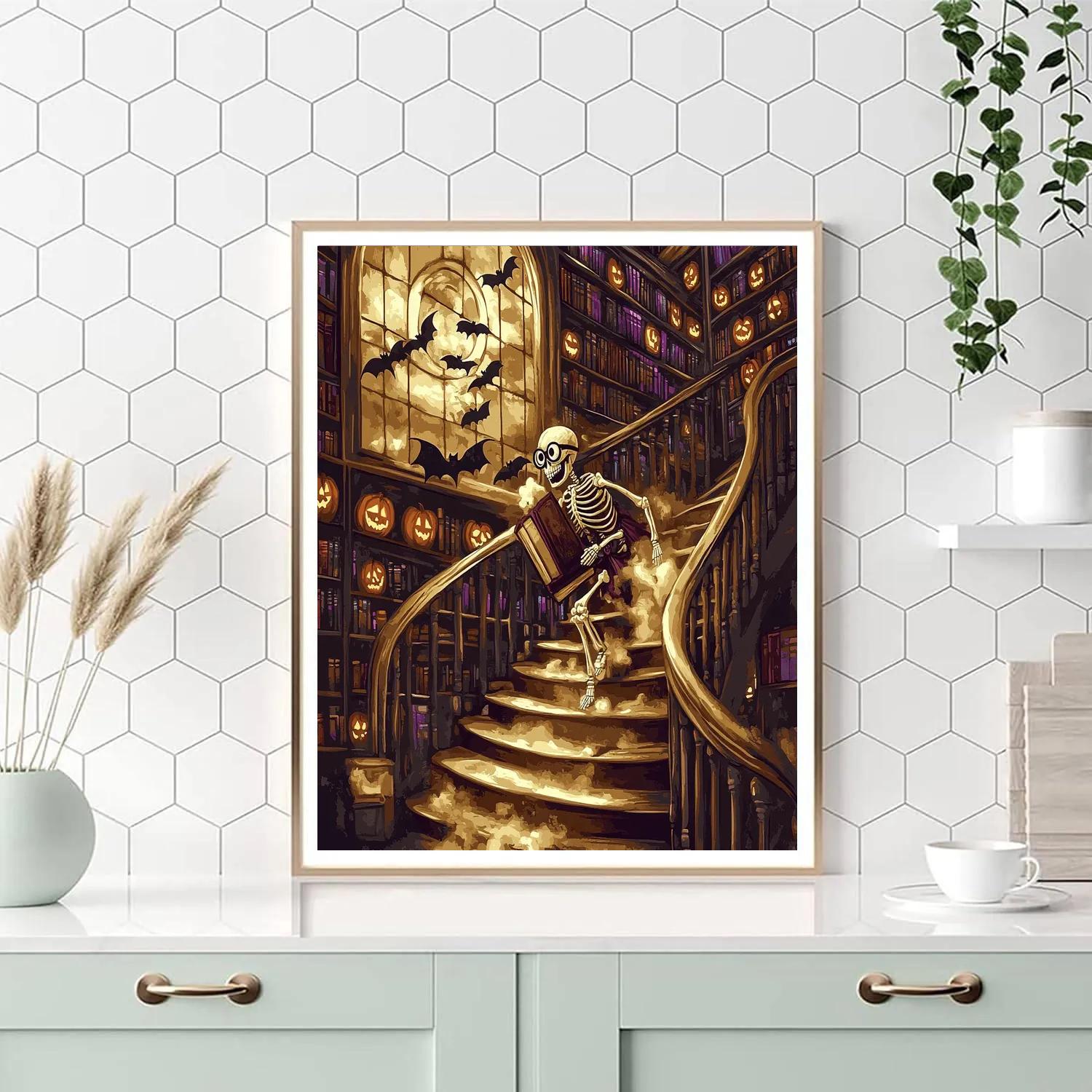 Library Staircase With Halloween Shadows painting number kit