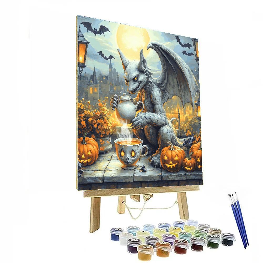 Spooky Rooftop Gargoyle Tea Time painting number kit