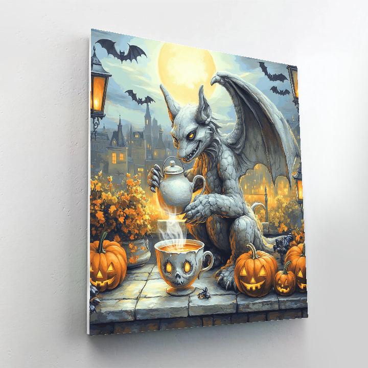 Spooky Rooftop Gargoyle Tea Time painting number kit