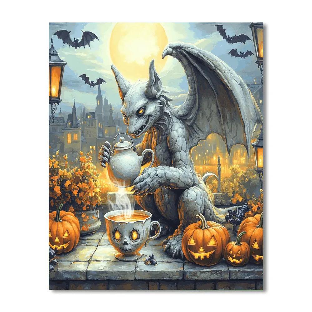 Spooky Rooftop Gargoyle Tea Time painting number kit