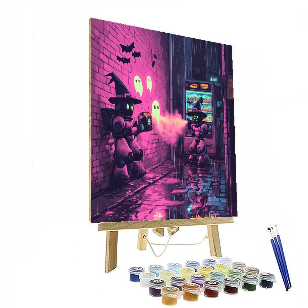 Neon Alley With Halloween Street Robots paint by number