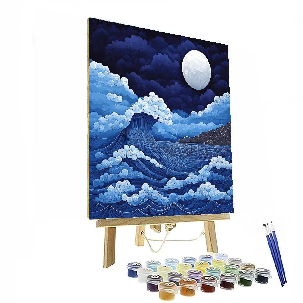 Hokusai Inspired Lunar Wave paint by number