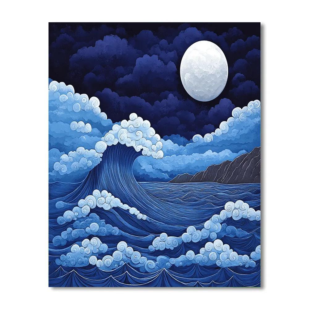Hokusai Inspired Lunar Wave paint by number