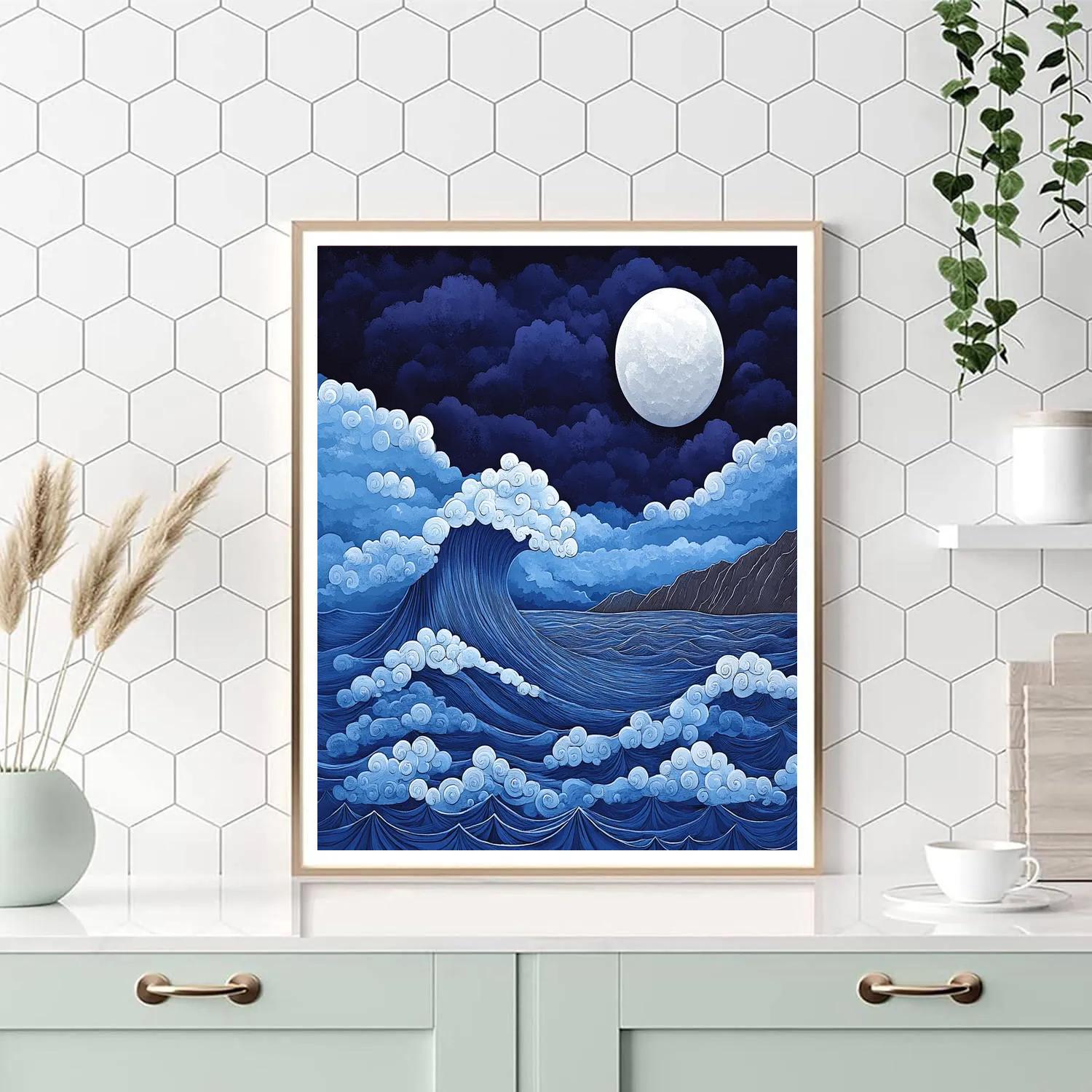 Hokusai Inspired Lunar Wave paint by number