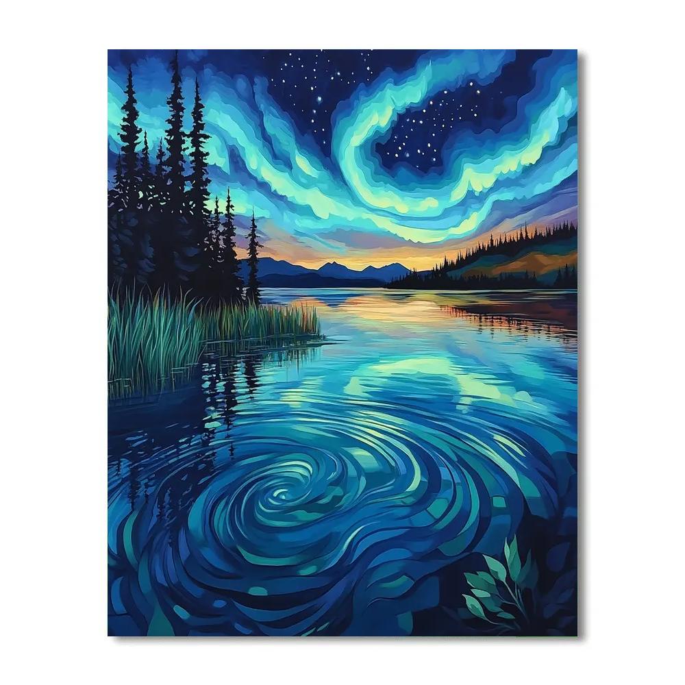 J E H MacDonald Inspired Aurora Ribbons Over Silent Spruce Lake Paint by numbers art