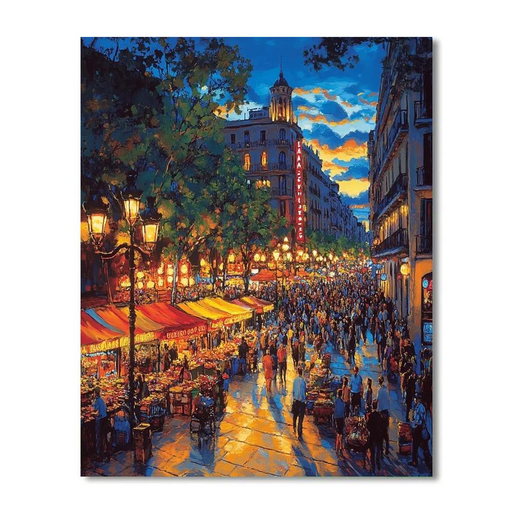 Nightlife And Neon Lights On Las Ramblas Barcelona Spain Numbered painting kits