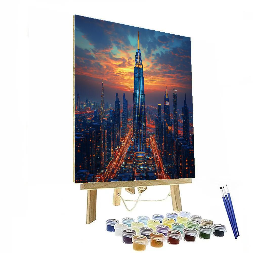 View Of The Burj Khalifa And Dubai Skyline At Dusk United Arab Emirates Number painting