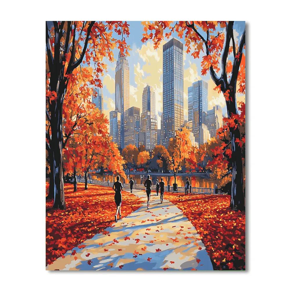Autumn Leaves In Central Park With Midtown Skyline New York City paint by number
