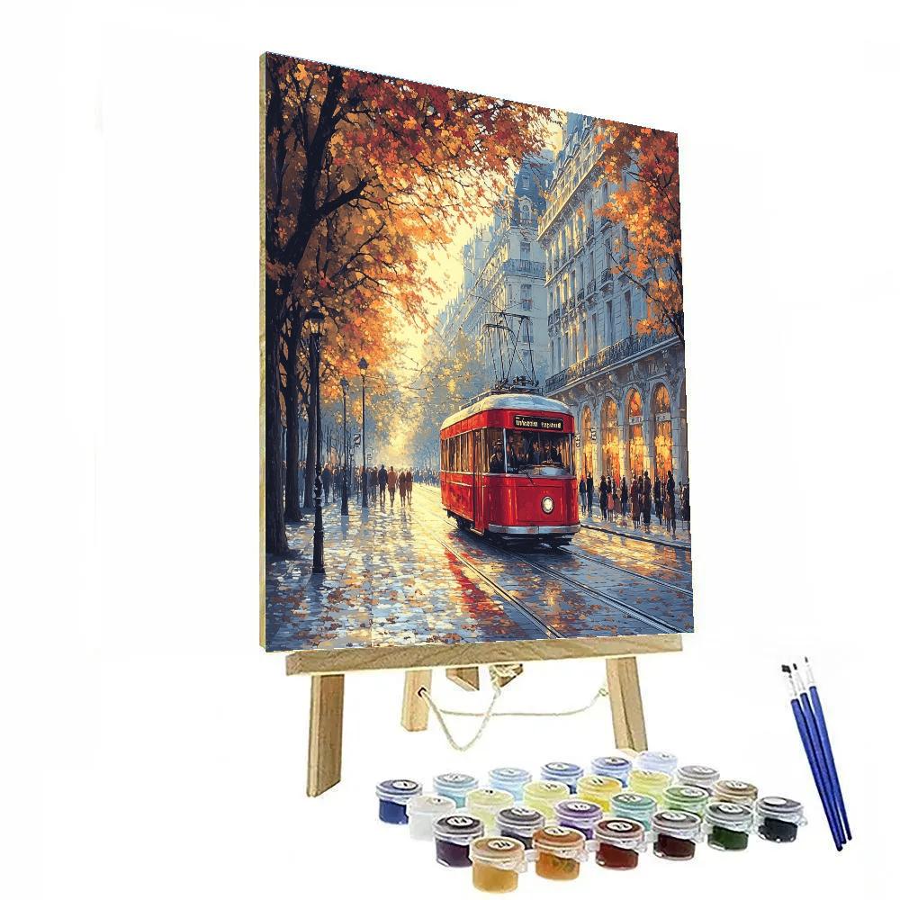 The Vintage Red Tram On Avenue Des Champs Elysees Paris France Paint by numbers kits