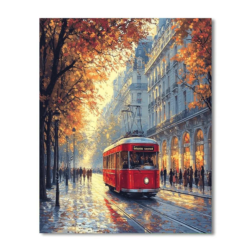 The Vintage Red Tram On Avenue Des Champs Elysees Paris France Paint by numbers kits