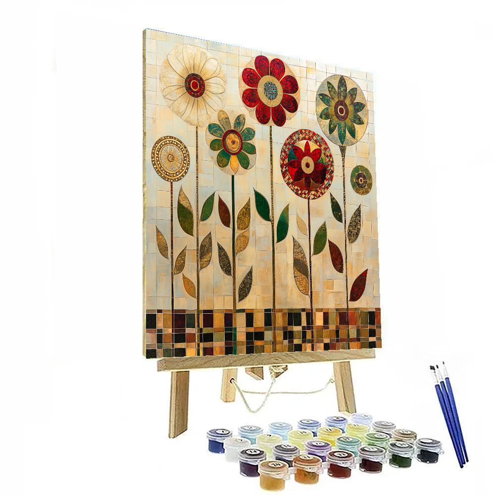 Gustav Klimt Inspired Golden Geometric Flowers paint by color