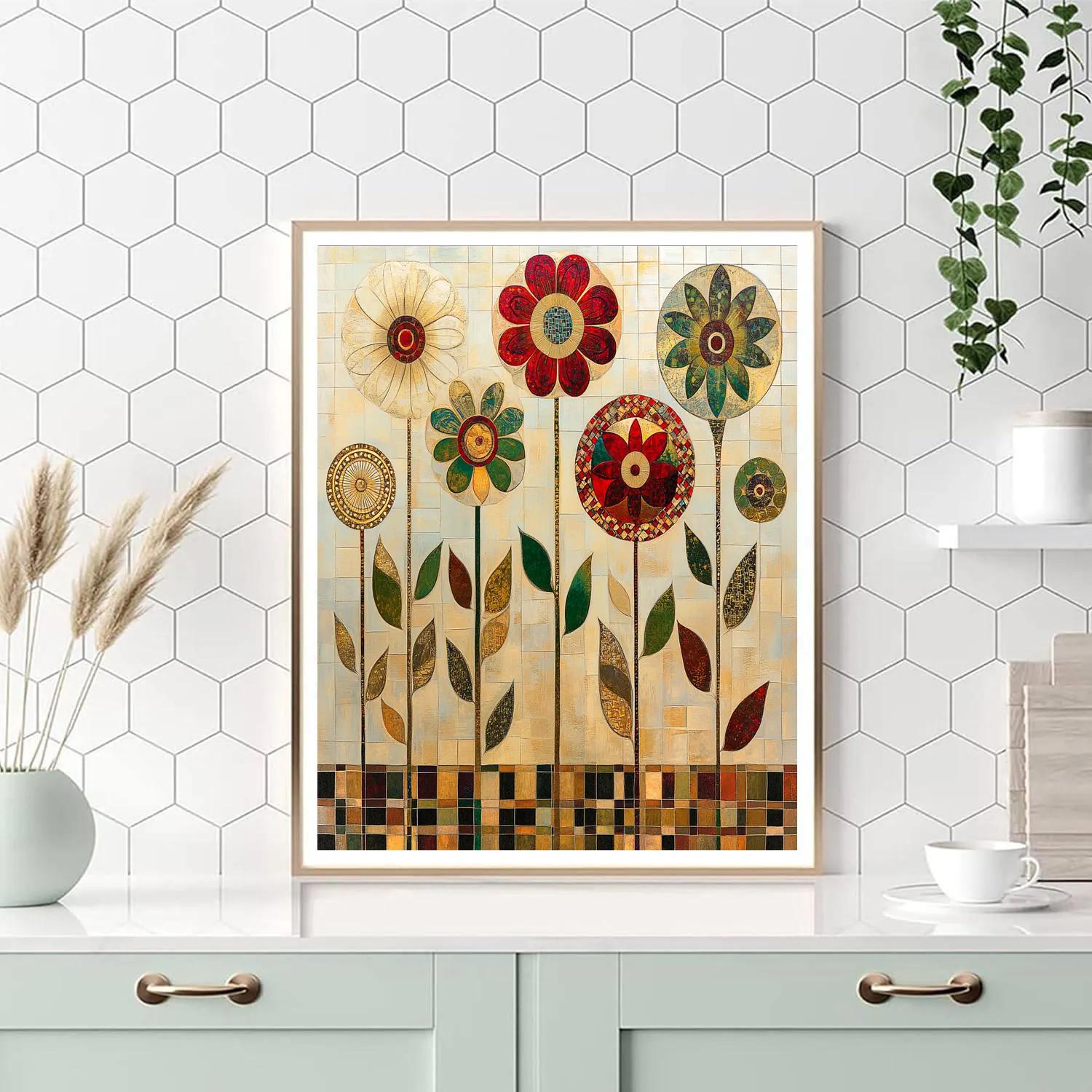 Gustav Klimt Inspired Golden Geometric Flowers paint by color