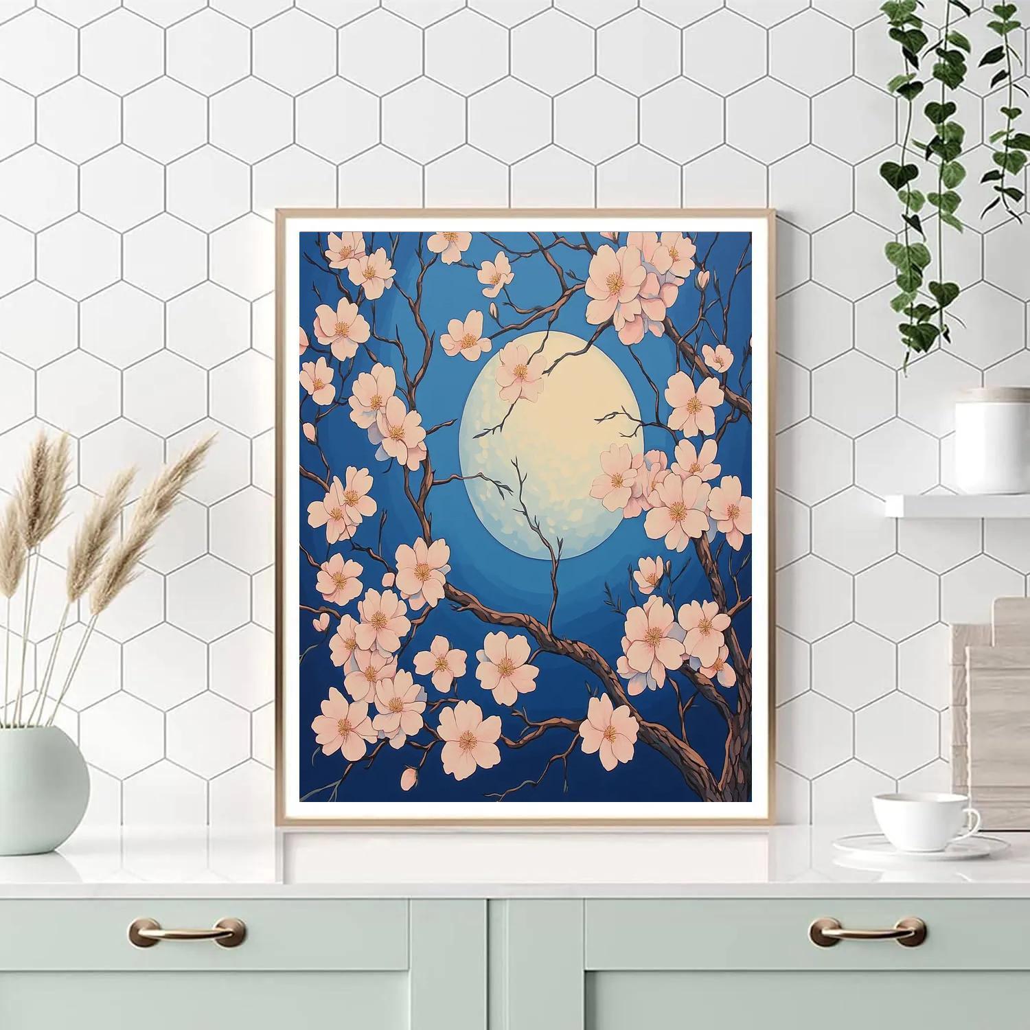 Hokusai Inspired Cherry Blossoms And Moon Paint by numbers kits