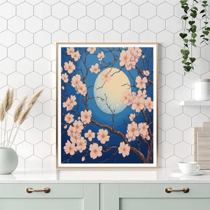 Hokusai Inspired Cherry Blossoms And Moon Paint by numbers kits