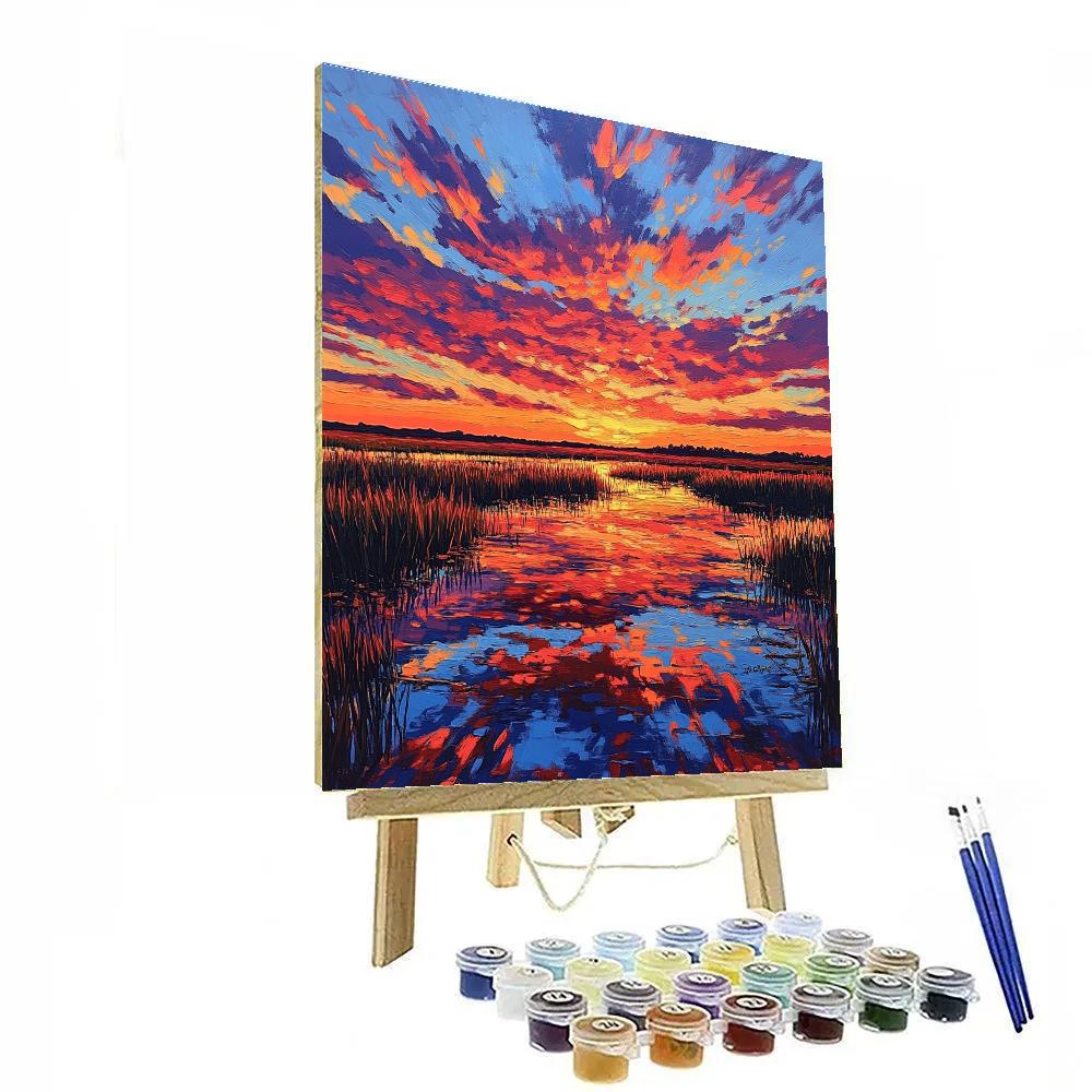 Claude Monet Inspired Marshland Sunset With Fiery Sky paint by numbers