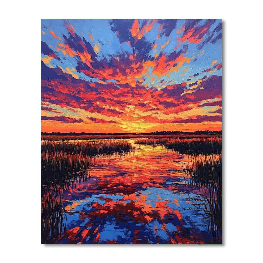 Claude Monet Inspired Marshland Sunset With Fiery Sky paint by numbers