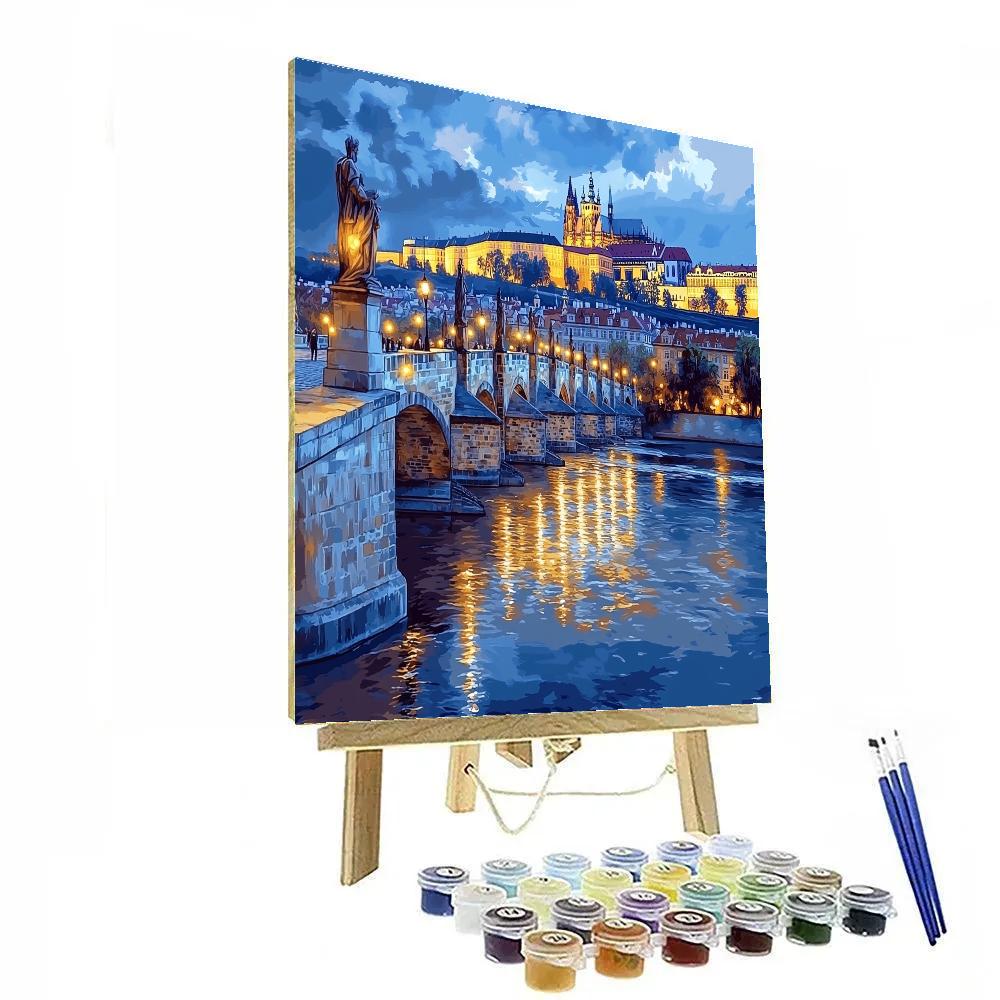 Nighttime Reflections On Charles Bridge And Prague Castle Czech Republic Numbered painting kits