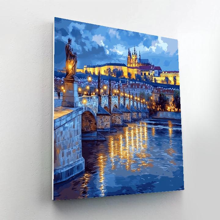 Nighttime Reflections On Charles Bridge And Prague Castle Czech Republic Numbered painting kits
