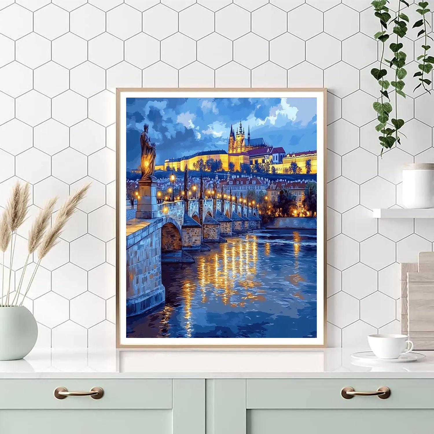 Nighttime Reflections On Charles Bridge And Prague Castle Czech Republic Numbered painting kits