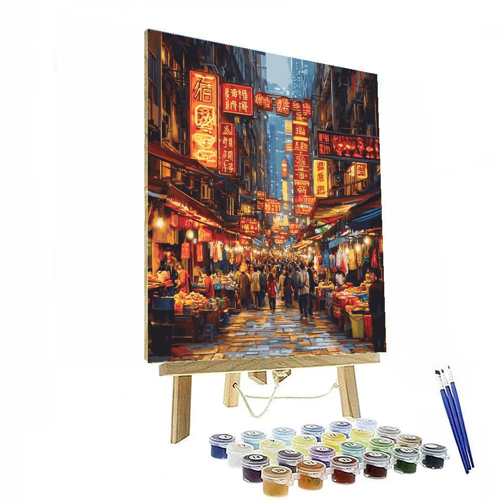 Crowded Sidewalks And Lanterns In Hong Kong Mong Kok Night Market China painting number kit