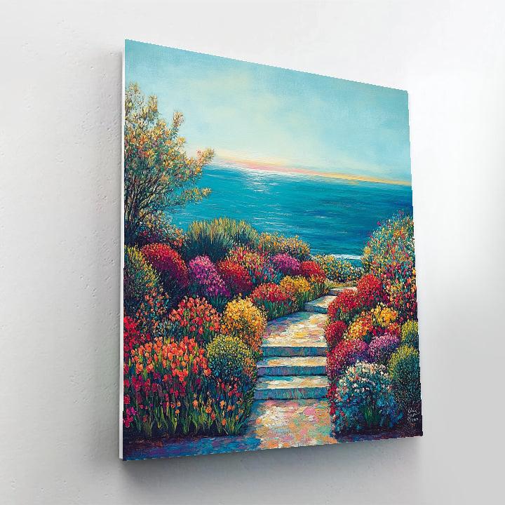 Claude Monet Inspired Sunlit Terrace Garden Overlooking Sea paint by color