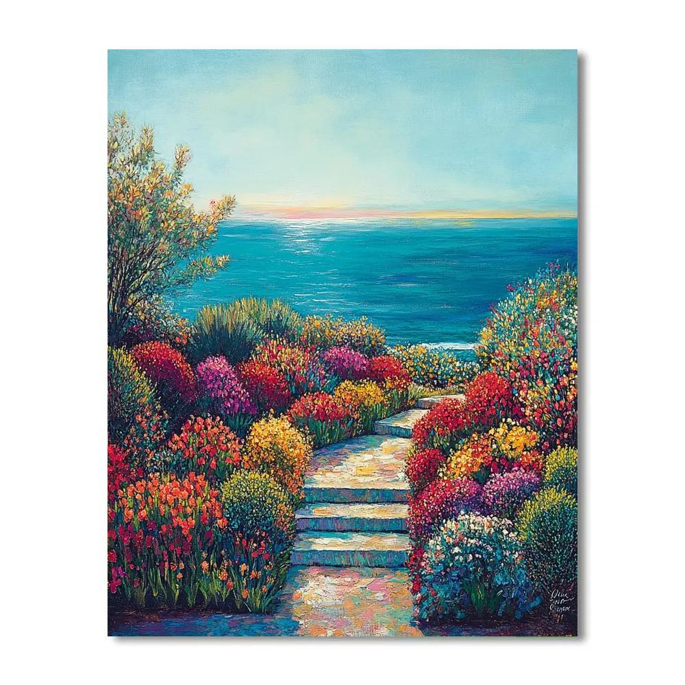 Claude Monet Inspired Sunlit Terrace Garden Overlooking Sea paint by color