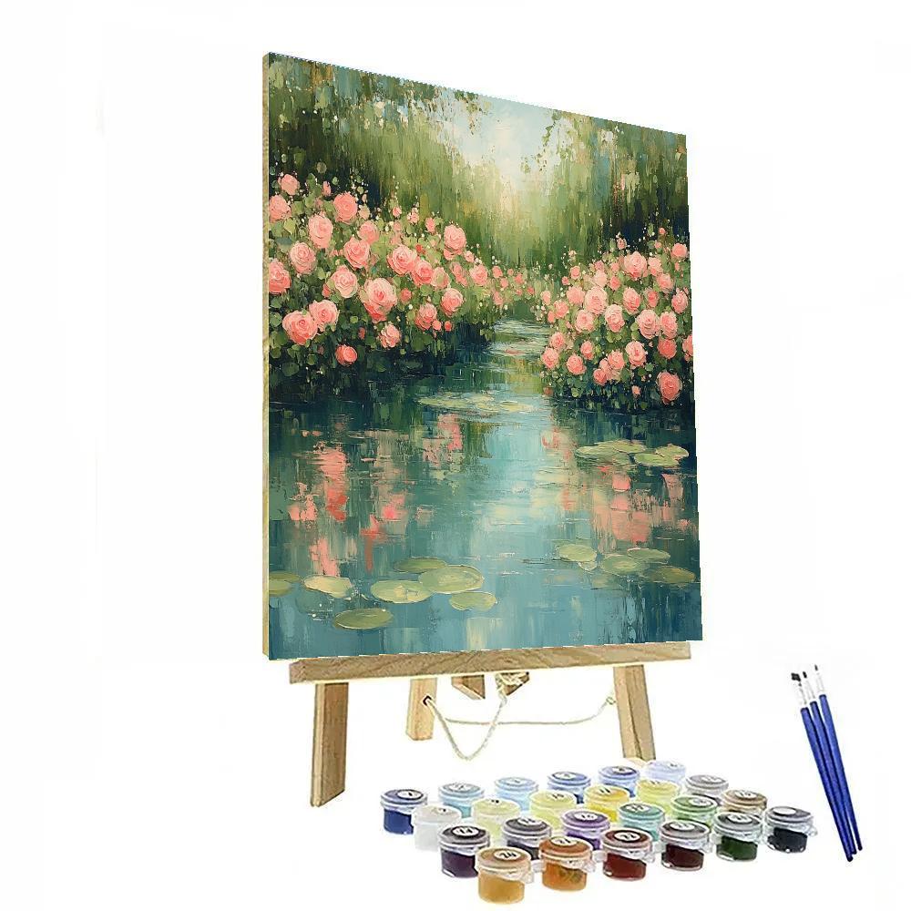Claude Monet Inspired Rose Hedges Beside Shimmering Pond Numbered painting kits