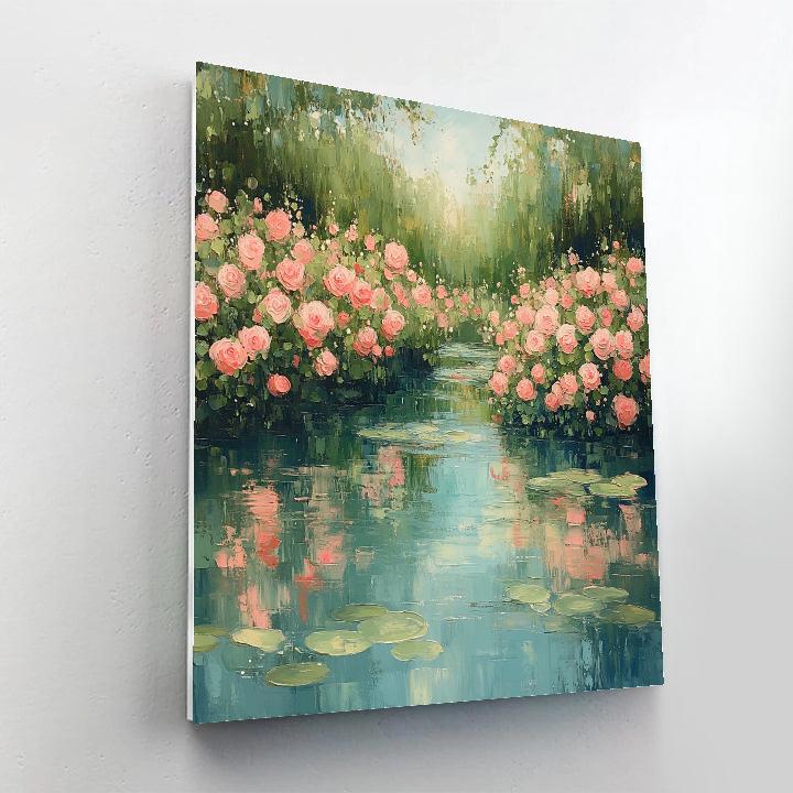 Claude Monet Inspired Rose Hedges Beside Shimmering Pond Numbered painting kits