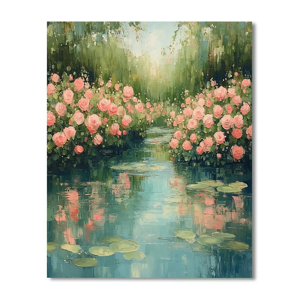 Claude Monet Inspired Rose Hedges Beside Shimmering Pond Numbered painting kits
