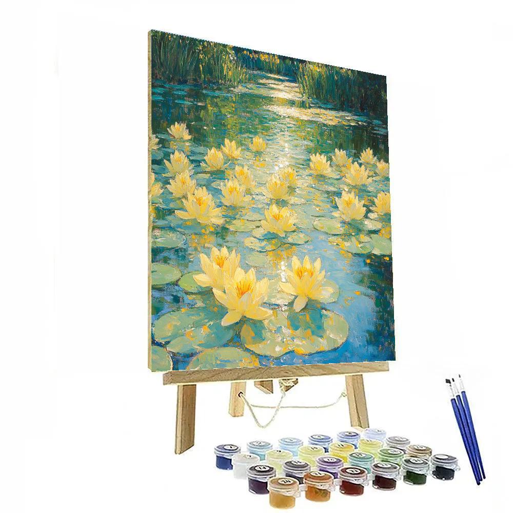Claude Monet Inspired Sunlit Water Garden With Yellow Lilies paint by color