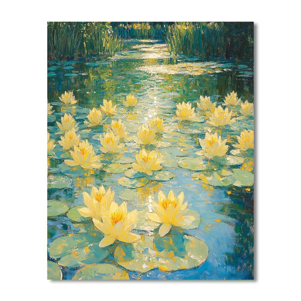 Claude Monet Inspired Sunlit Water Garden With Yellow Lilies paint by color