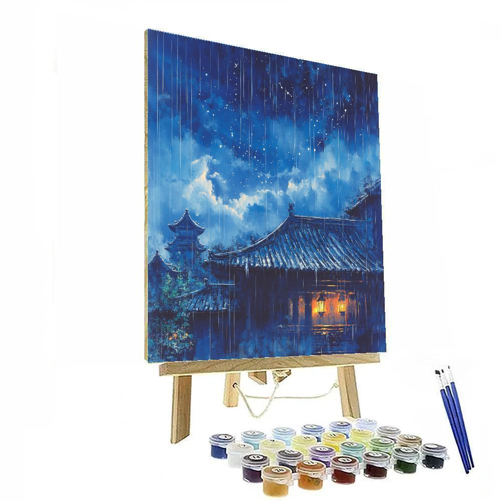 Hokusai Inspired Rain On Temple Roof paint by color