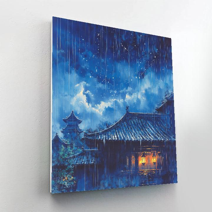 Hokusai Inspired Rain On Temple Roof paint by color