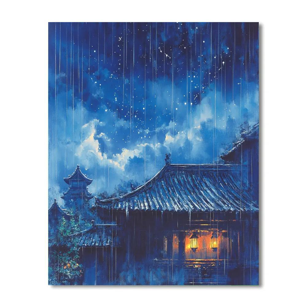Hokusai Inspired Rain On Temple Roof paint by color