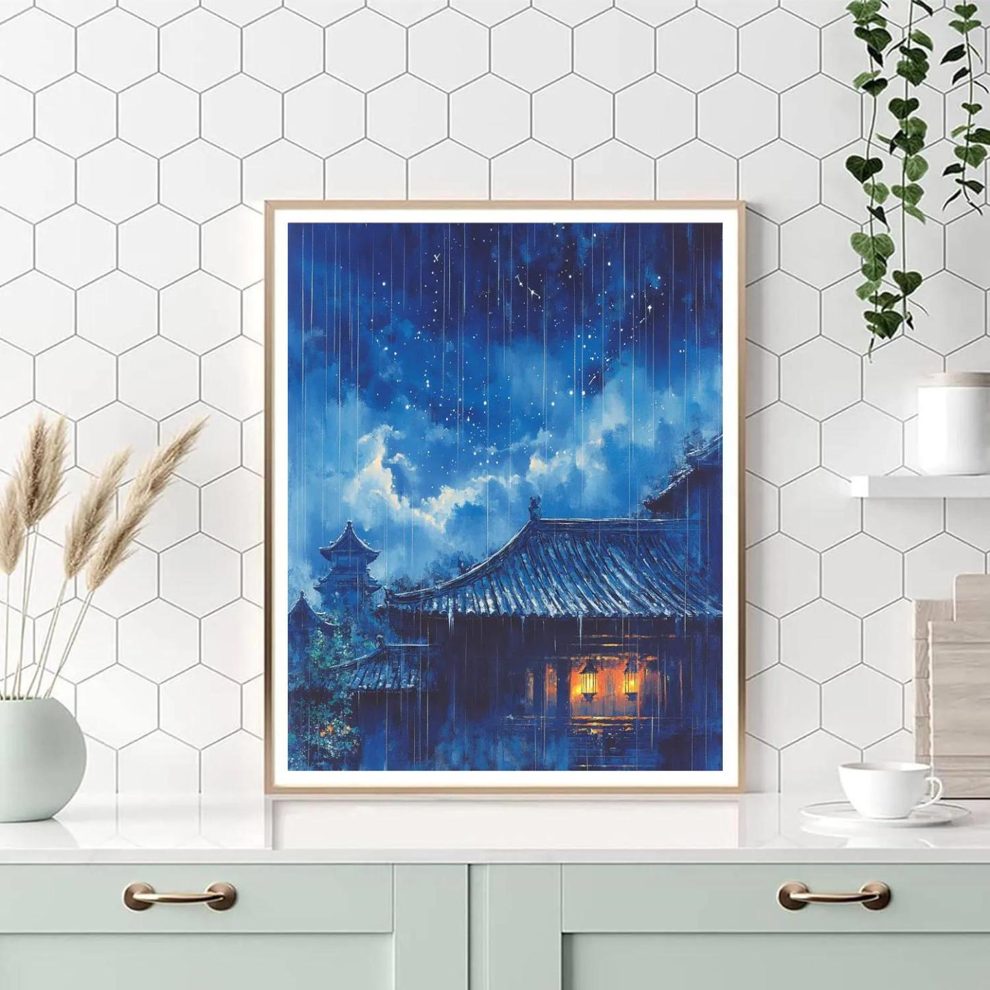 Hokusai Inspired Rain On Temple Roof paint by color