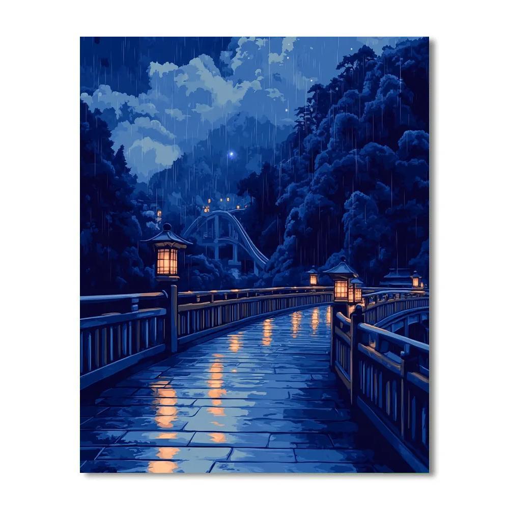 Hokusai Inspired Rain Over Bridge paint by color