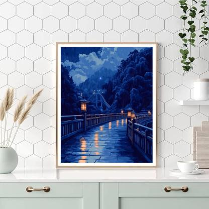 Hokusai Inspired Rain Over Bridge paint by color