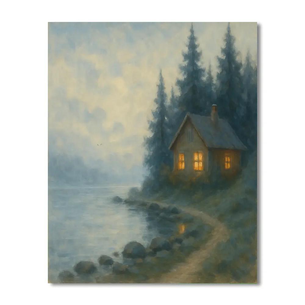 Cottage Windows On A Misty Blue Lake Paint by numbers art